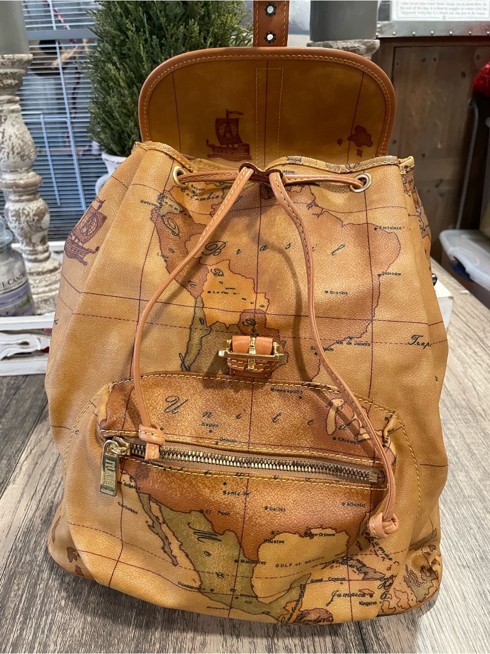 Alviero Martini Tan Map-Print Leather Backpack with Gold Hardware - Picture 13 of 13